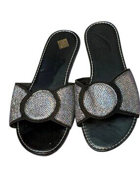 Black Iridescent Slip‑On Sandals – Women’s Size 11 – Textured Straps & Open Toe